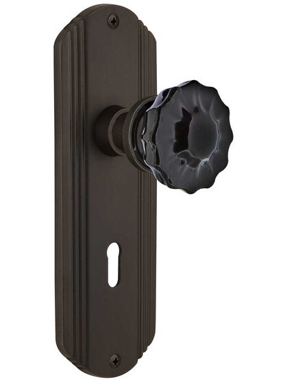 Streamline Deco Mortise Lock Set with Colored Fluted Crystal Glass Knobs Black in Oil-Rubbed Bronze.
